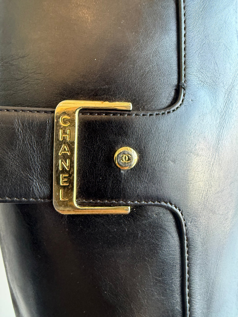 Chanel Black Leather Knee High Boot with Gold Buckles