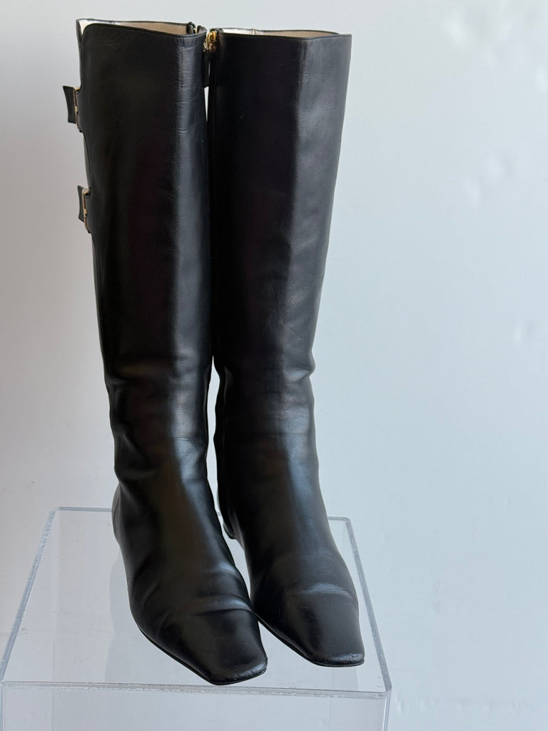 Chanel Black Leather Knee High Boot with Gold Buckles