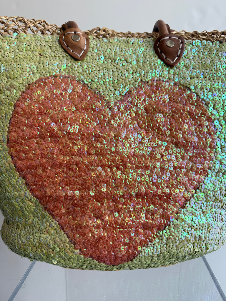 Straw Sequined Heart Tote