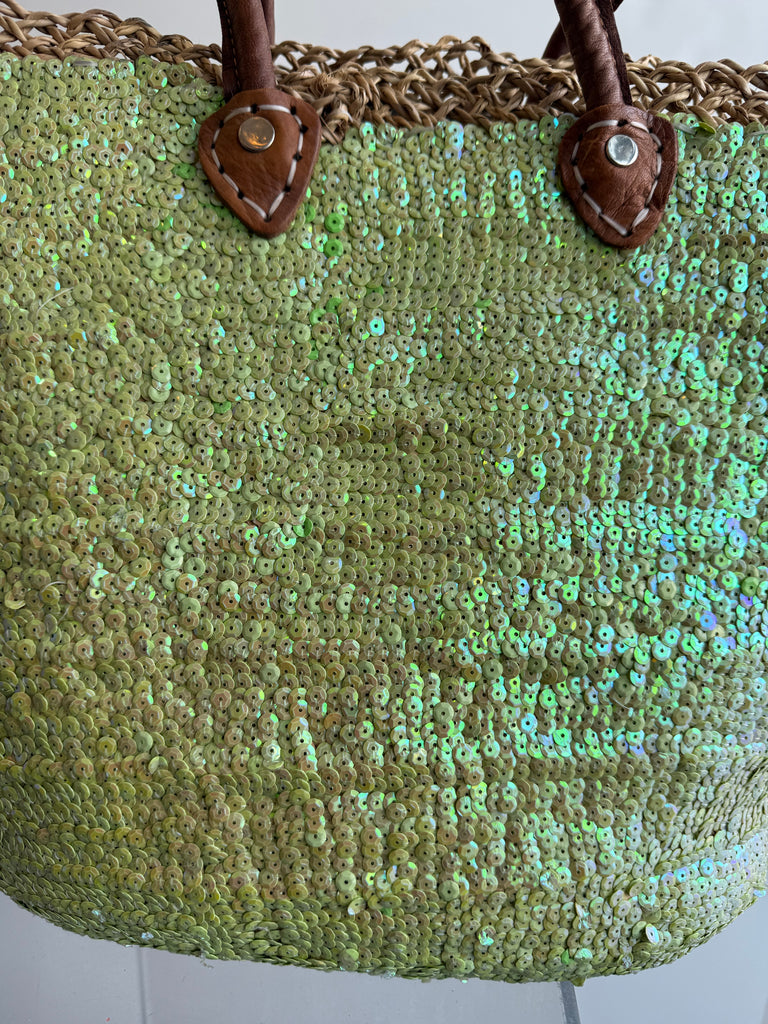 Straw Sequined Heart Tote