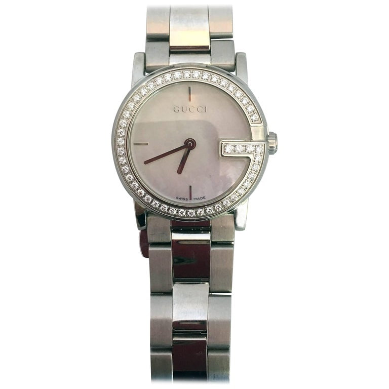 Gucci Stainless Steel Mother of Pearl Face Diamond Encrusted "101L" Watch