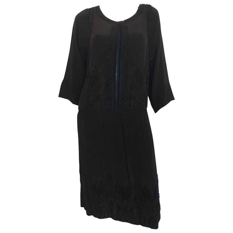 1920's Vintage Beaded Silk Crepe Flapper Dress