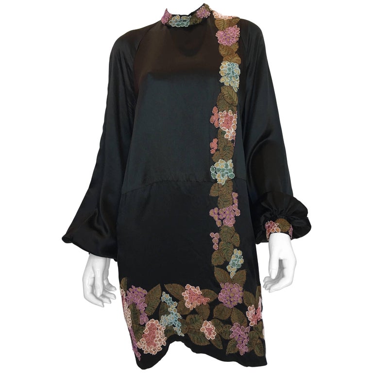 1920's Flapper Black Silk Embroidered and Beaded Floral Trim Dress