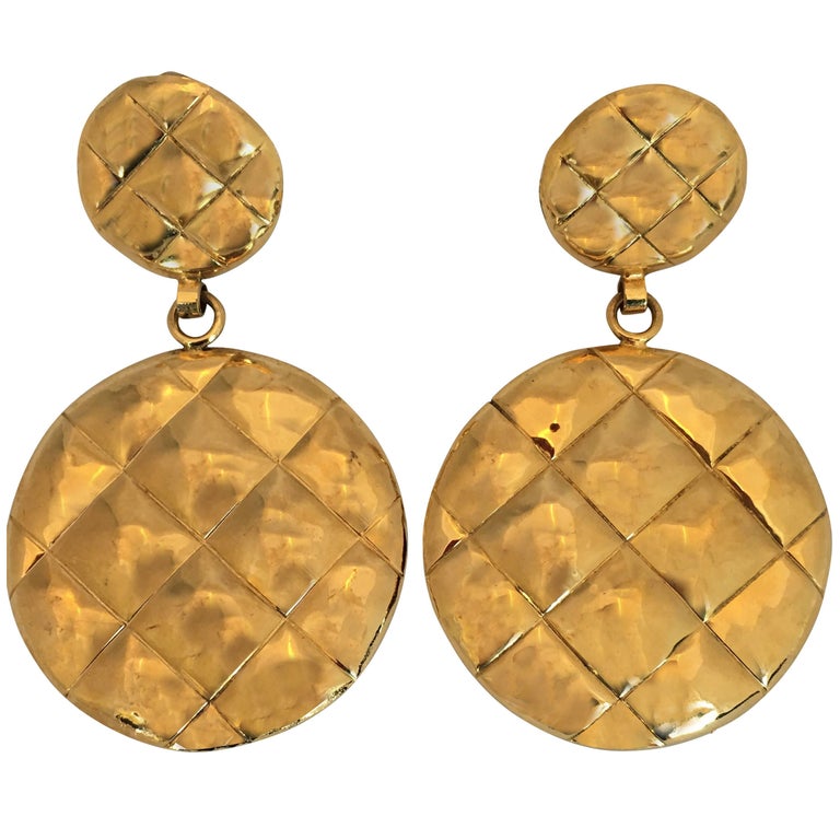 Chanel 1980's Gold Tone Quilted Drop Clip Earrings