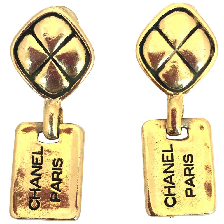 1980's Chanel Paris Stamped Gold Tone Drop Earrings