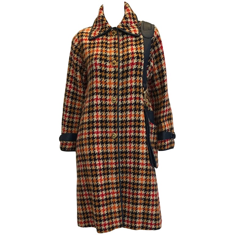 Bonnie Cashin 1960's Wool Plaid A Line Coat with Navy Blue Leather Trim