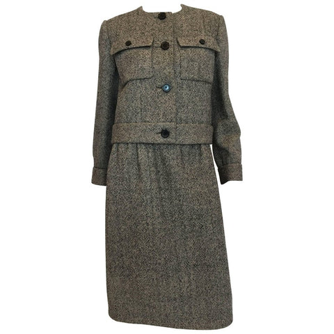 Bonnie Cashin 1960's Wool Plaid A Line Coat with Navy Blue Leather Trim