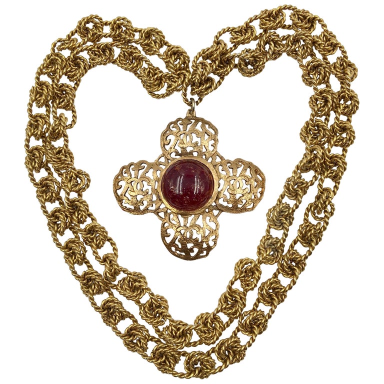 Chanel Antique Gold Tone CC Logo Cross Pendant with Pate de Verre Poured Glass Center by Maison Gripoix