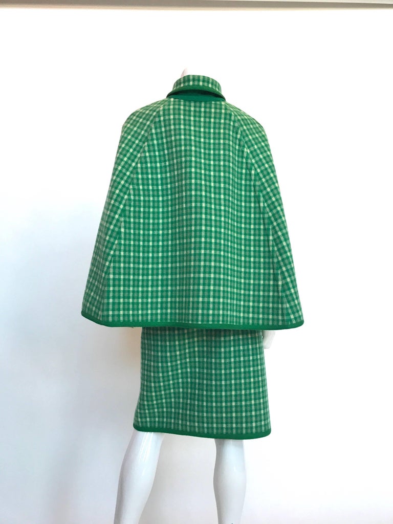 1960's Weatherall Green & White Check Reversible Wool Capelet & Skirt Set
