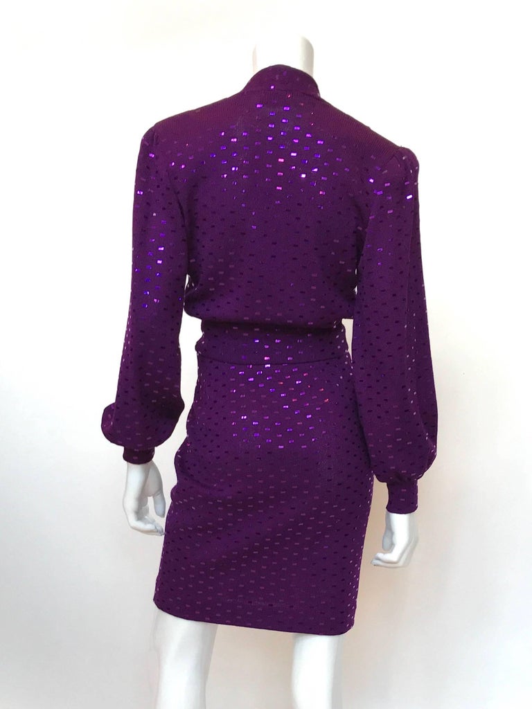 St. John 1980's Purple Knit Sequin 2 Pc Skirt Set