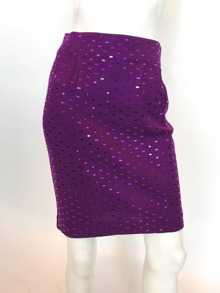 St. John 1980's Purple Knit Sequin 2 Pc Skirt Set