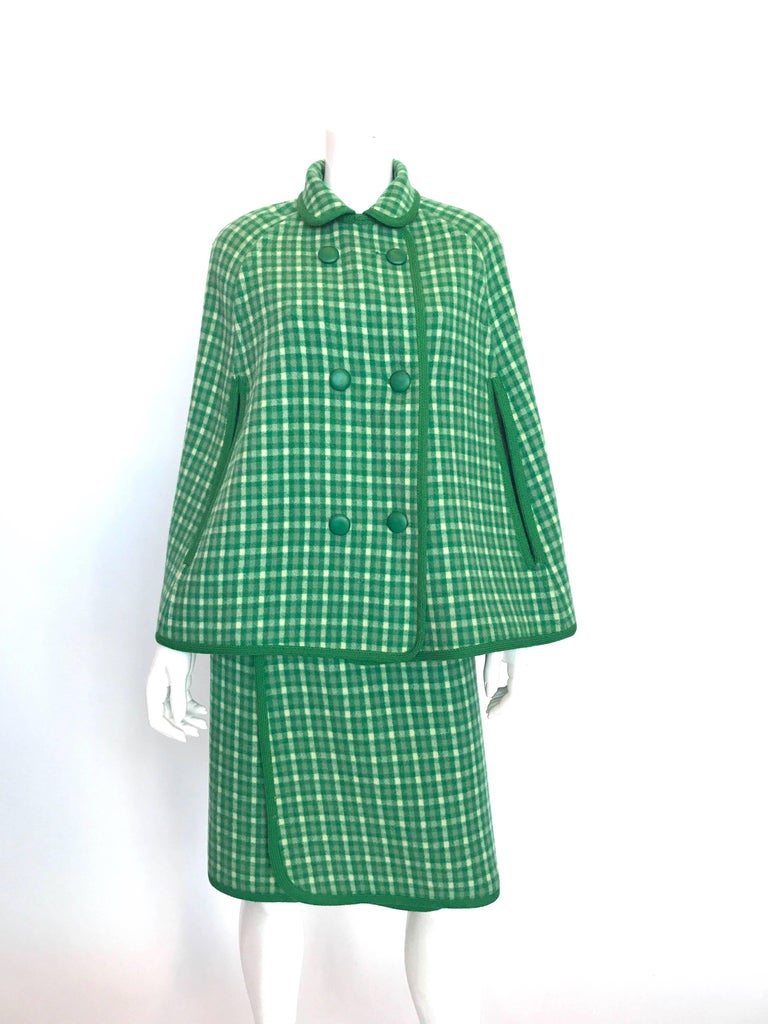 1960's Weatherall Green & White Check Reversible Wool Capelet & Skirt Set