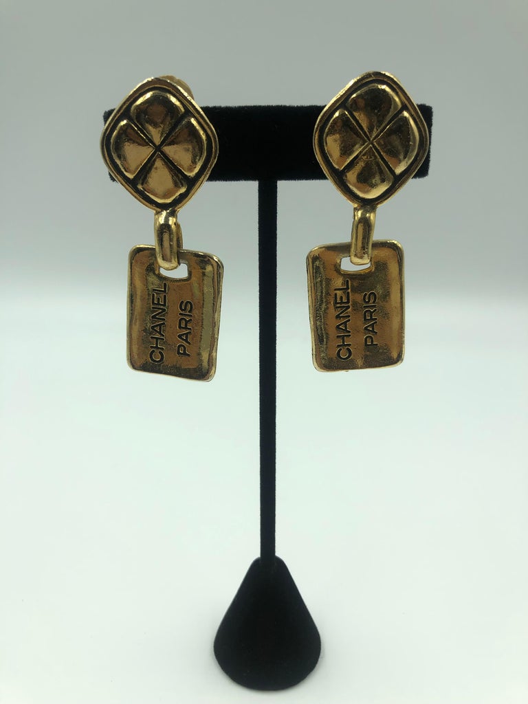 1980's Chanel Paris Stamped Gold Tone Drop Earrings