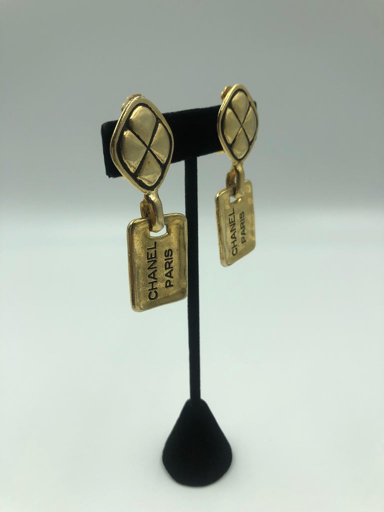 1980's Chanel Paris Stamped Gold Tone Drop Earrings