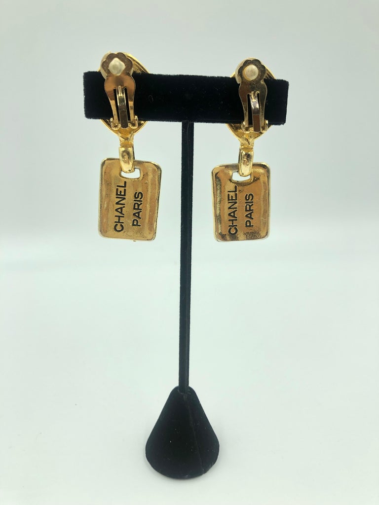 1980's Chanel Paris Stamped Gold Tone Drop Earrings