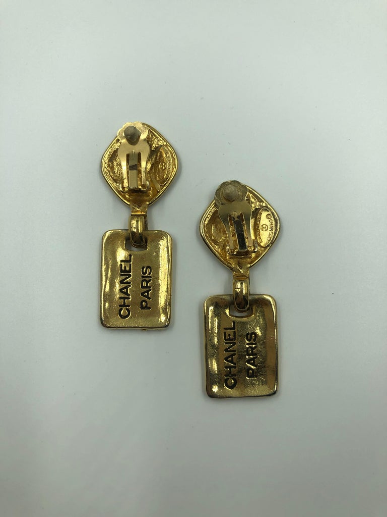 1980's Chanel Paris Stamped Gold Tone Drop Earrings