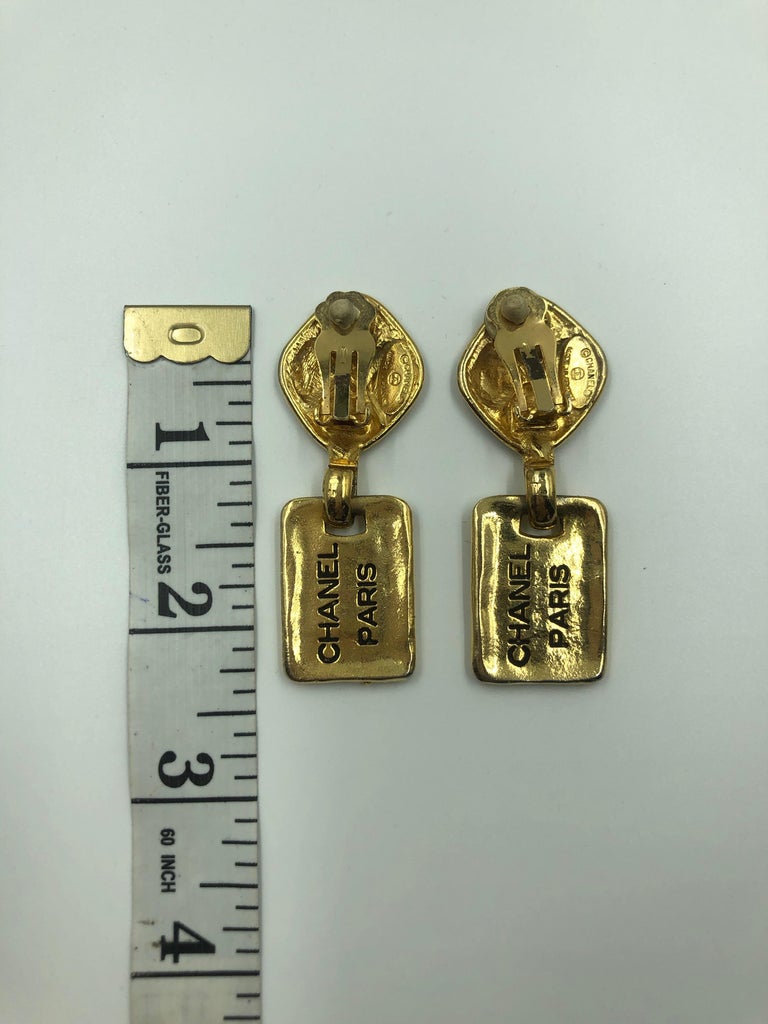 1980's Chanel Paris Stamped Gold Tone Drop Earrings