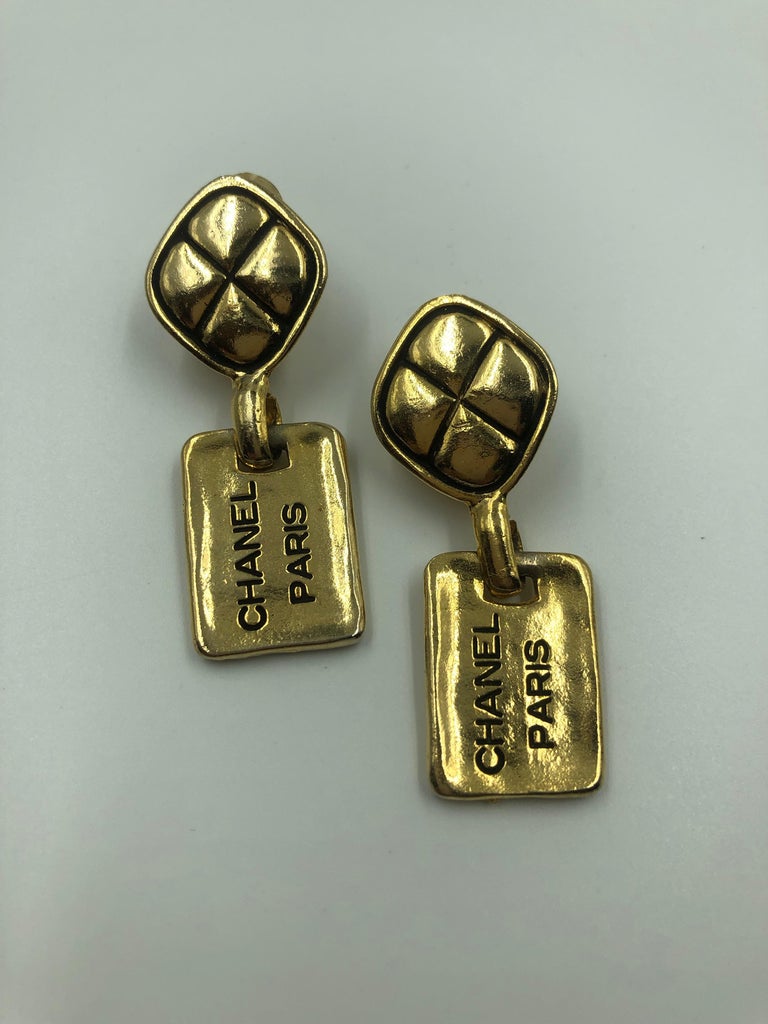 1980's Chanel Paris Stamped Gold Tone Drop Earrings