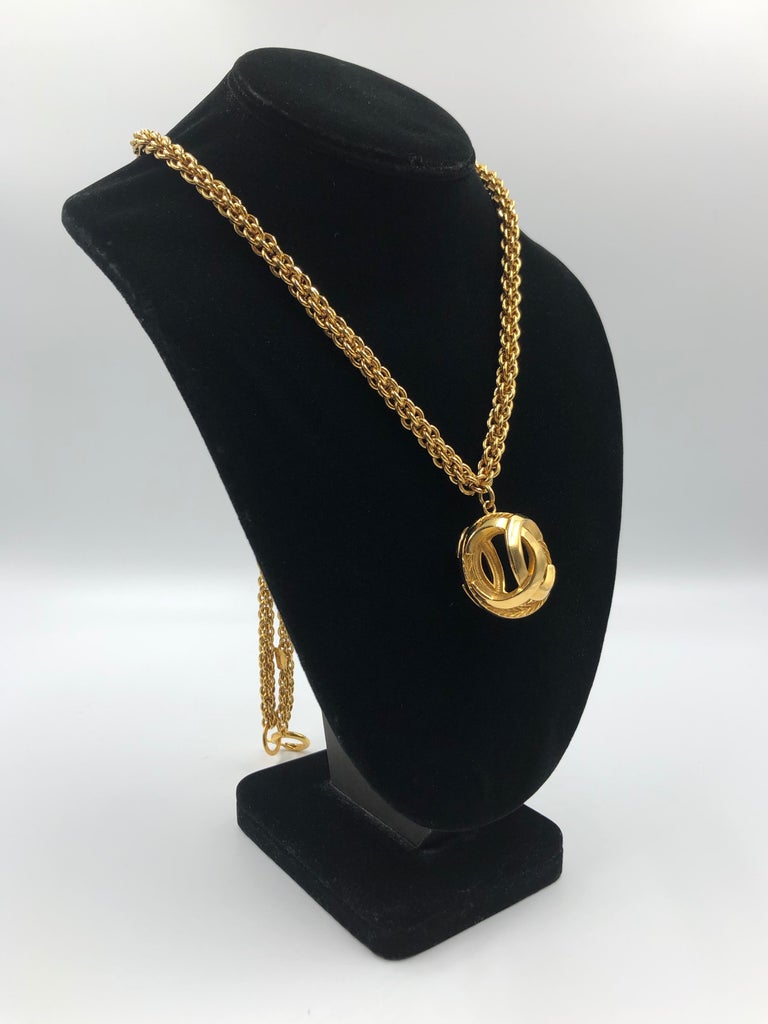 Chanel 1980's Gold Tone Necklace with 3D Orb Monogram Double C Pendant
