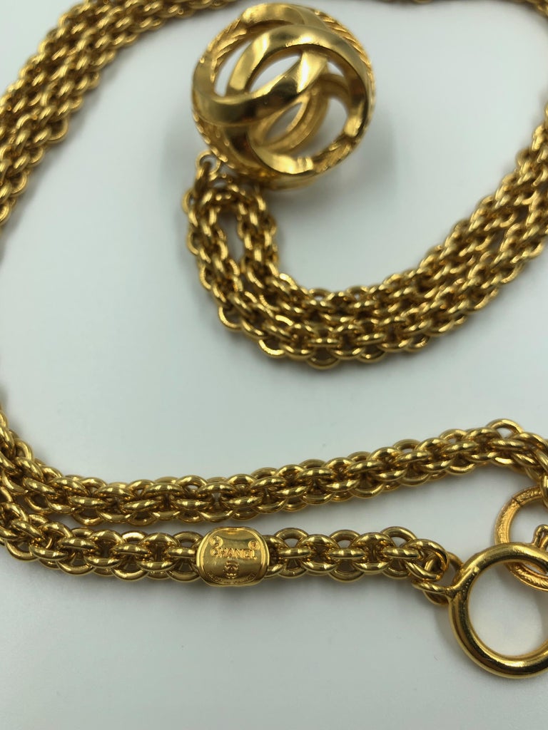 Chanel 1980's Gold Tone Necklace with 3D Orb Monogram Double C Pendant