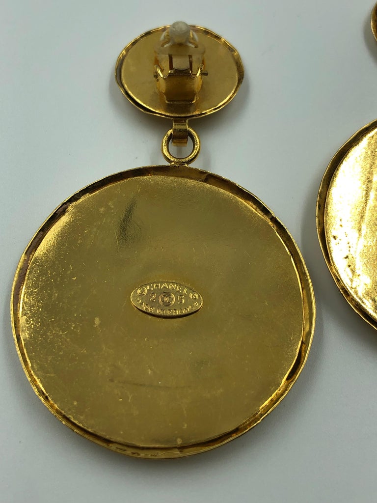 Chanel 1980's Gold Tone Quilted Drop Clip Earrings