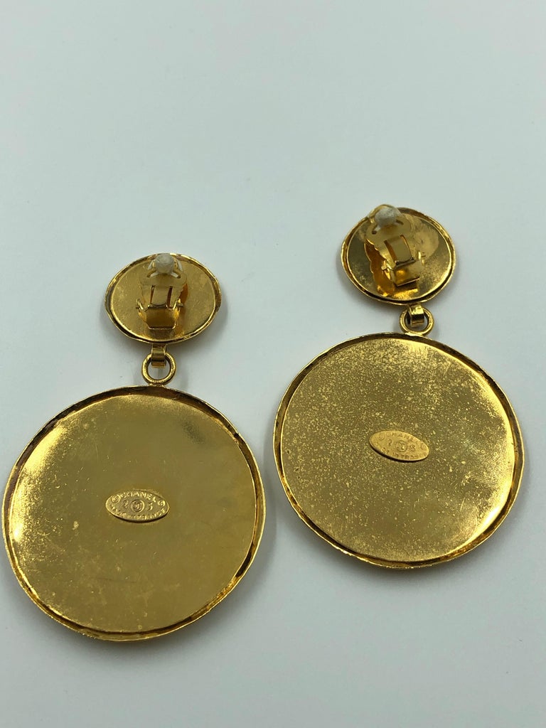 Chanel 1980's Gold Tone Quilted Drop Clip Earrings