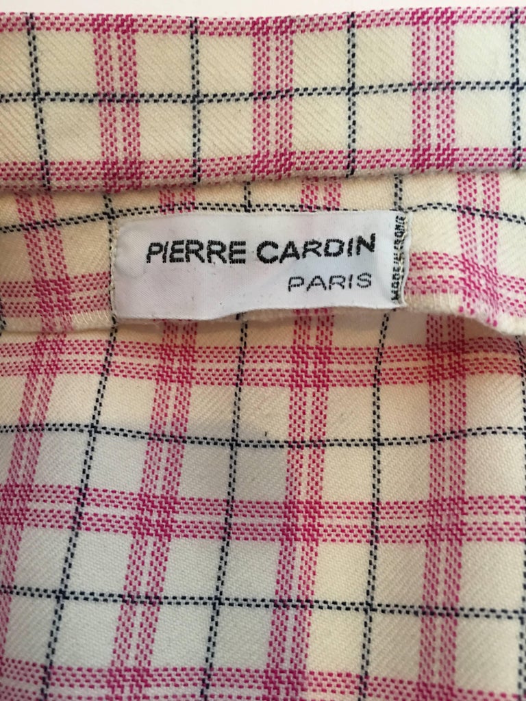 Pierre Cardin 1980's Pink and White Plaid Wool Cap Sleeve Skirt Suit