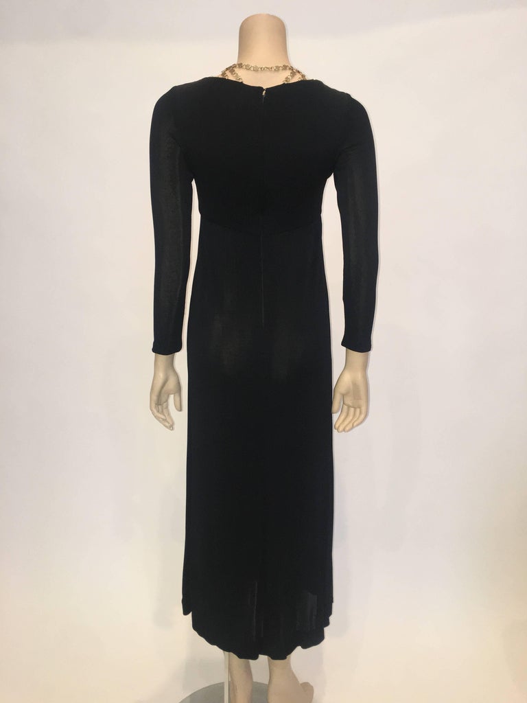 Jay Kobrin 1960's Black Matte Jersey Long Dress with Gold Chain Neckline