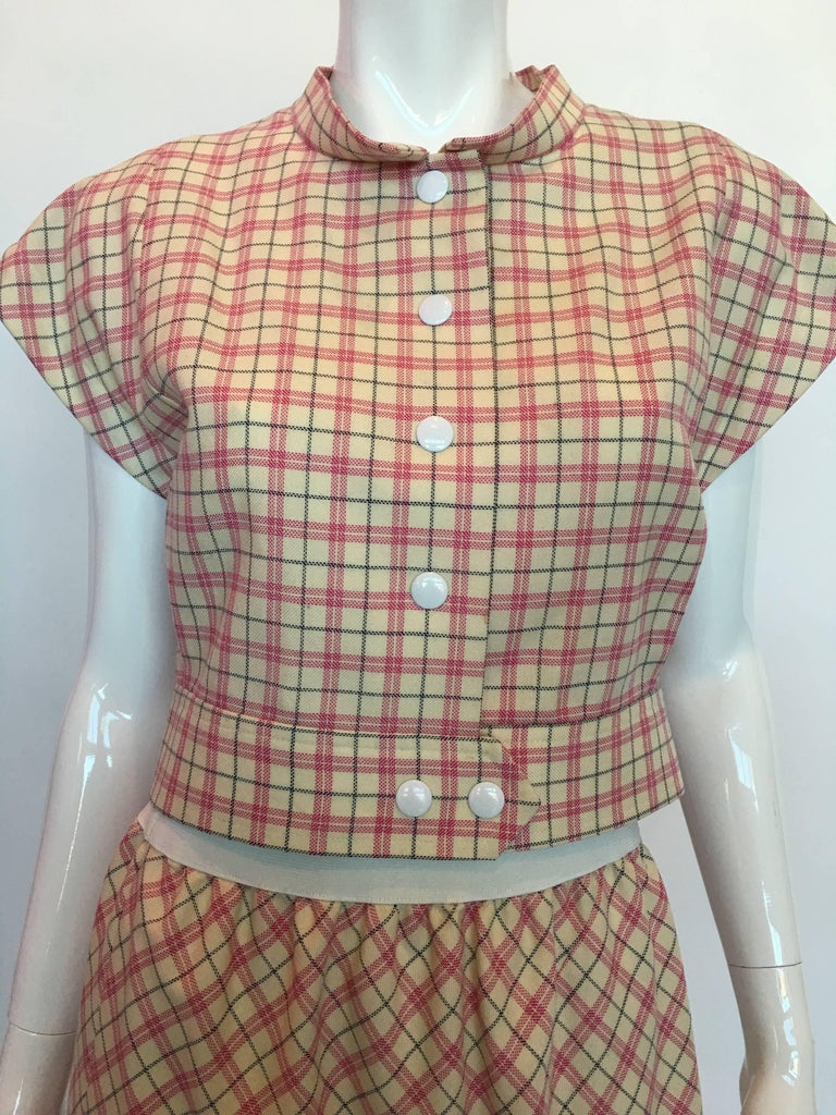 Pierre Cardin 1980's Pink and White Plaid Wool Cap Sleeve Skirt Suit