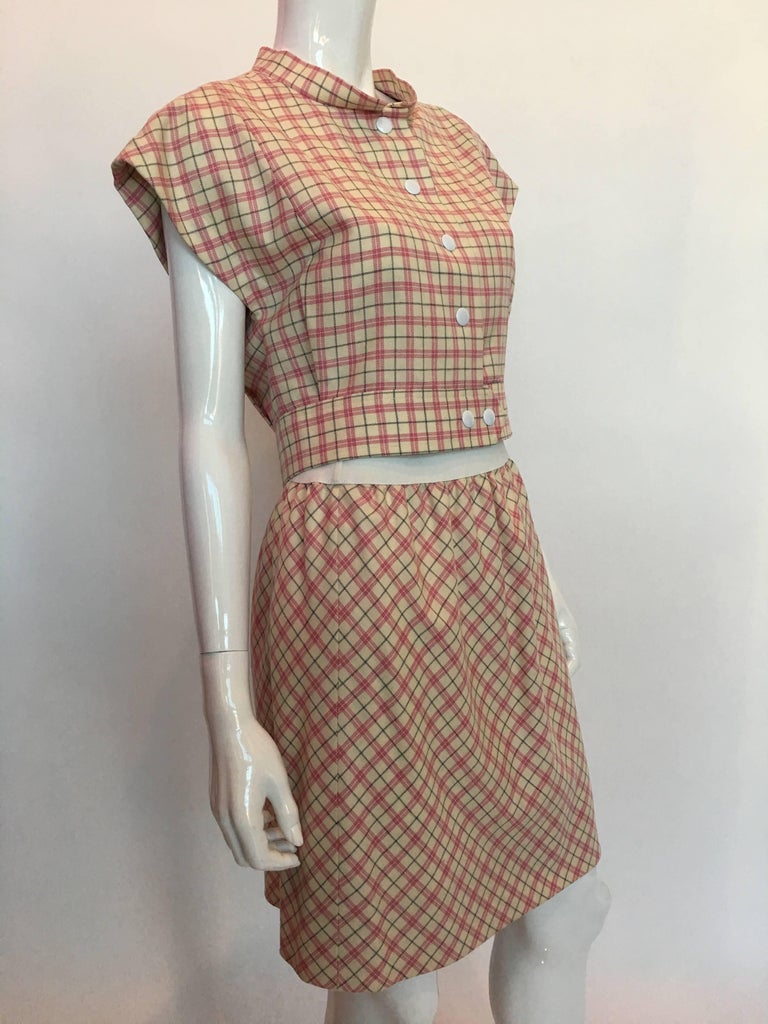 Pierre Cardin 1980's Pink and White Plaid Wool Cap Sleeve Skirt Suit