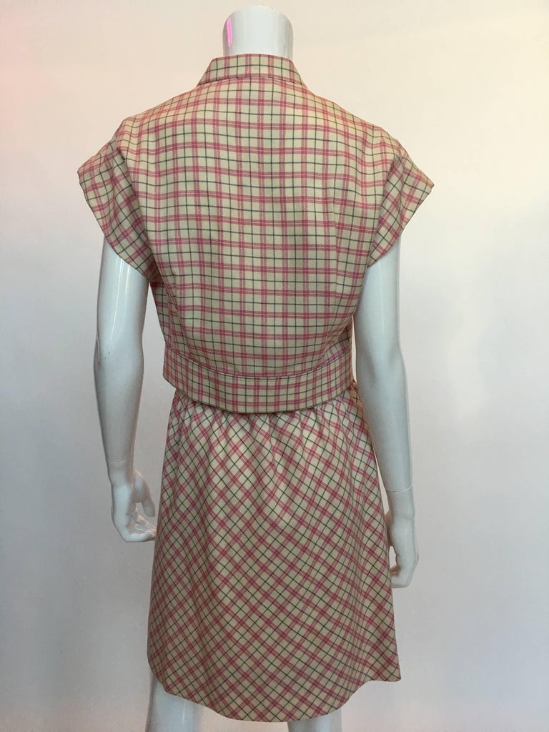 Pierre Cardin 1980's Pink and White Plaid Wool Cap Sleeve Skirt Suit