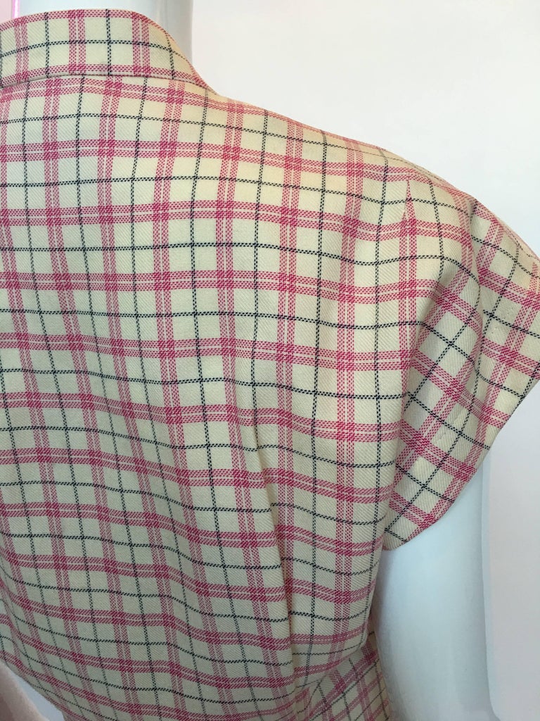 Pierre Cardin 1980's Pink and White Plaid Wool Cap Sleeve Skirt Suit