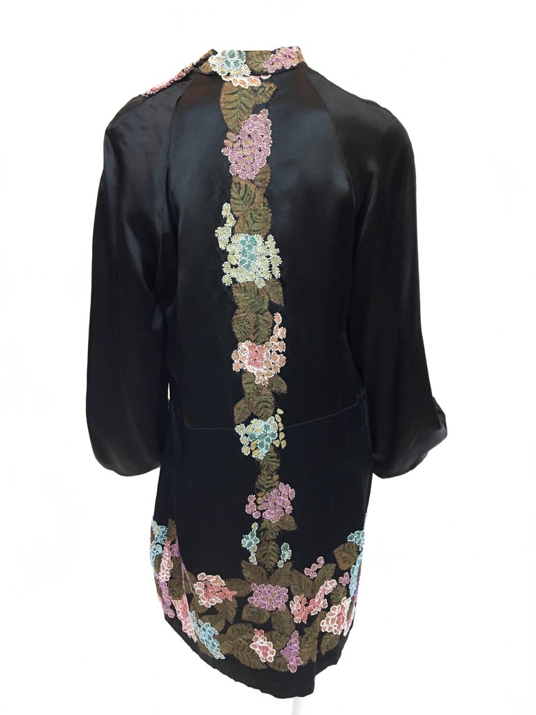 1920's Flapper Black Silk Embroidered and Beaded Floral Trim Dress