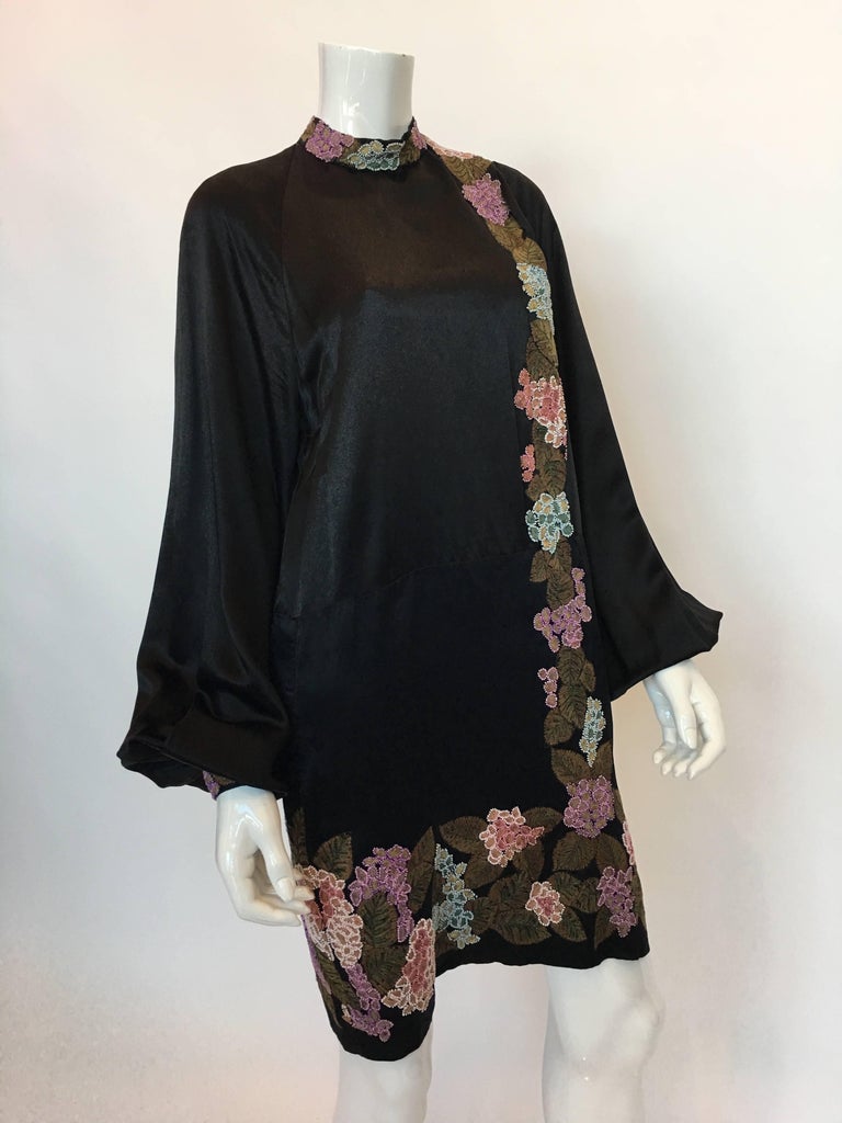 1920's Flapper Black Silk Embroidered and Beaded Floral Trim Dress