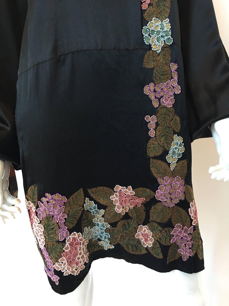 1920's Flapper Black Silk Embroidered and Beaded Floral Trim Dress