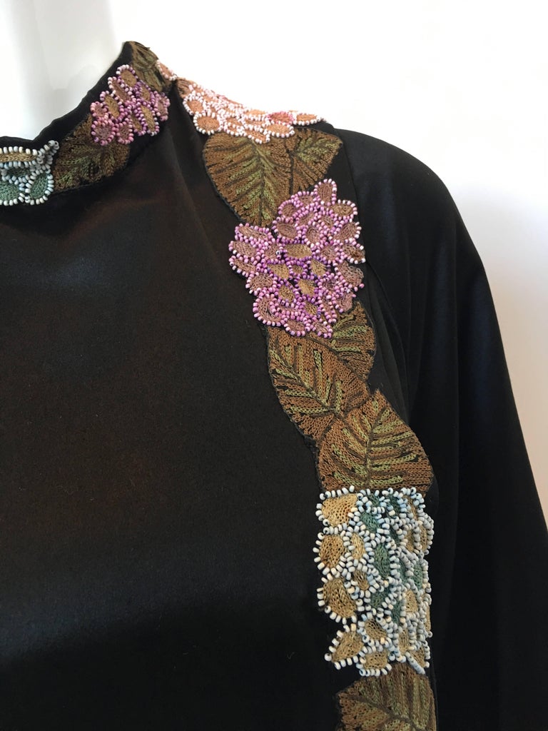 1920's Flapper Black Silk Embroidered and Beaded Floral Trim Dress