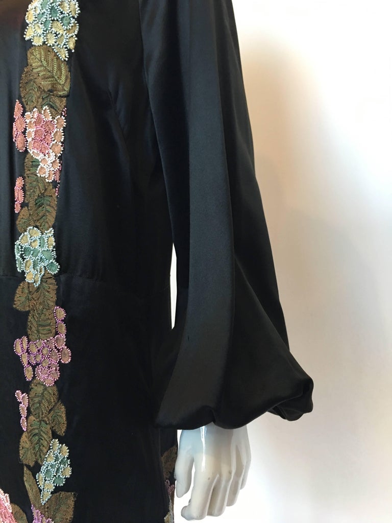 1920's Flapper Black Silk Embroidered and Beaded Floral Trim Dress