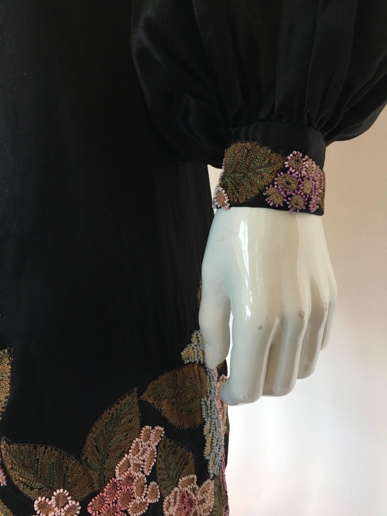 1920's Flapper Black Silk Embroidered and Beaded Floral Trim Dress