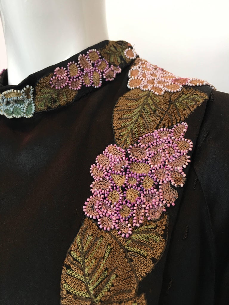 1920's Flapper Black Silk Embroidered and Beaded Floral Trim Dress