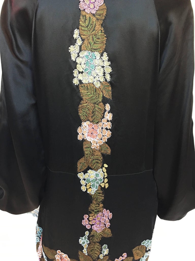1920's Flapper Black Silk Embroidered and Beaded Floral Trim Dress