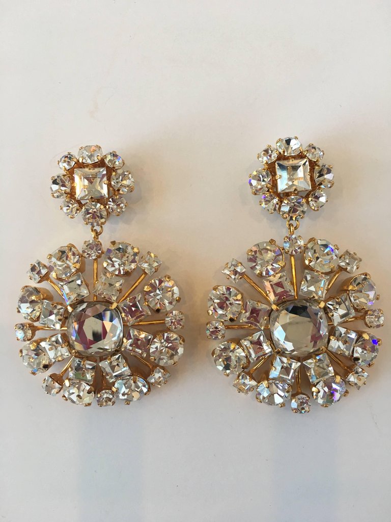 Yves Saint Laurent Crystal and Gold Tone Drop Chandelier Clip Earrings