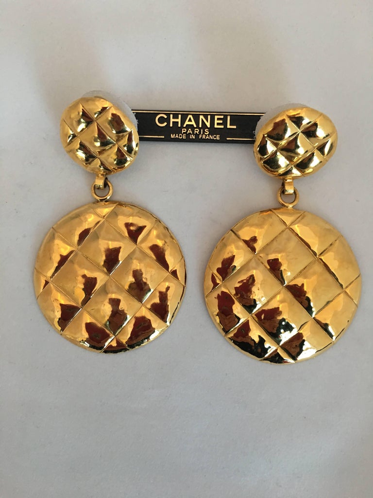 Chanel 1980's Gold Tone Quilted Drop Clip Earrings