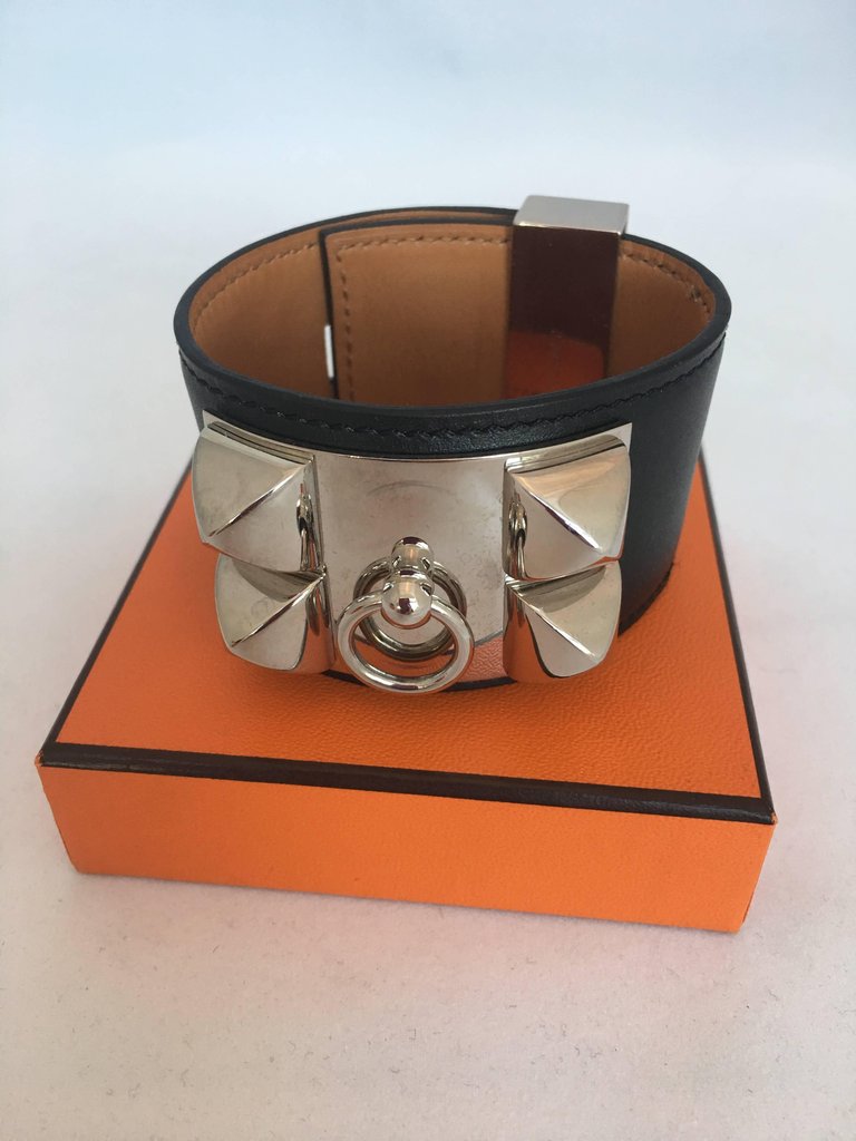 Hermès Cuir Collier de Chien Black & Silver Leather Cuff Bracelet