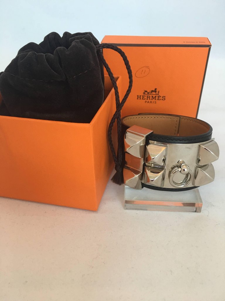 Hermès Cuir Collier de Chien Black & Silver Leather Cuff Bracelet