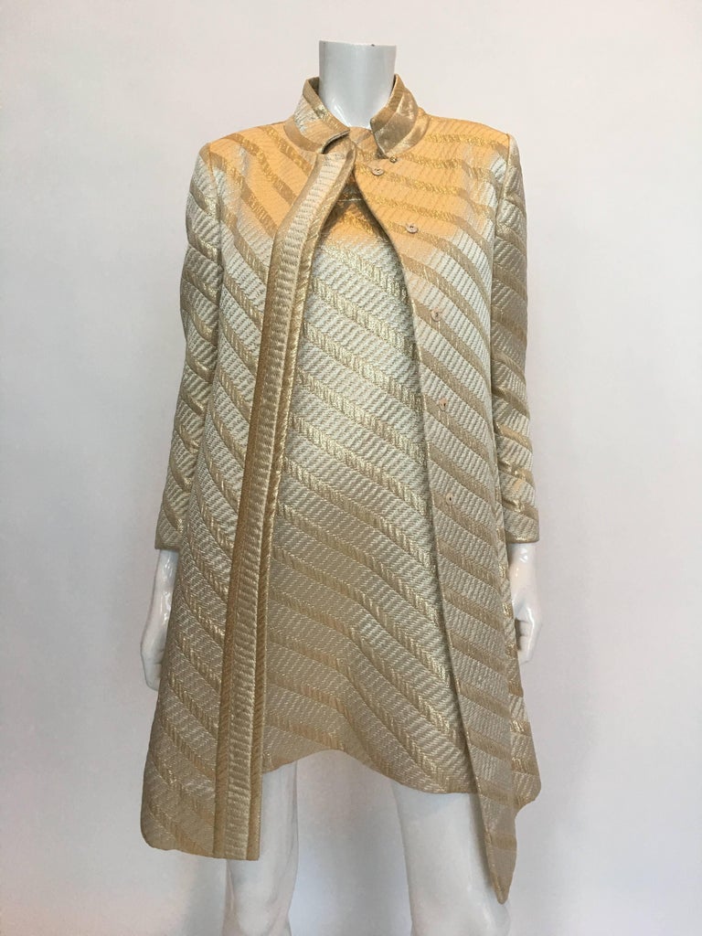 Mod Jackie O Style 1960's Gold Matching Coat and Dress 2 Piece Ensemble