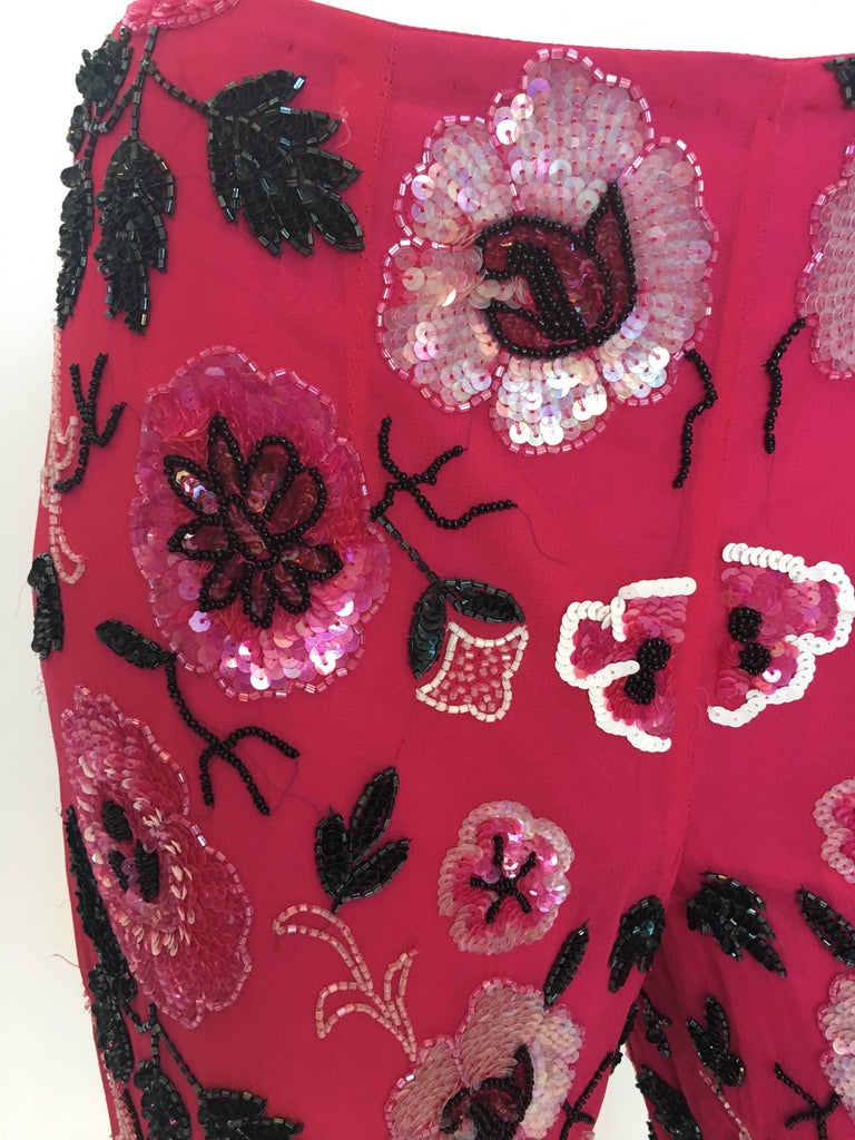 Cache 1980's Fuschia Floral Beaded Silk Cropped Lounge Pants