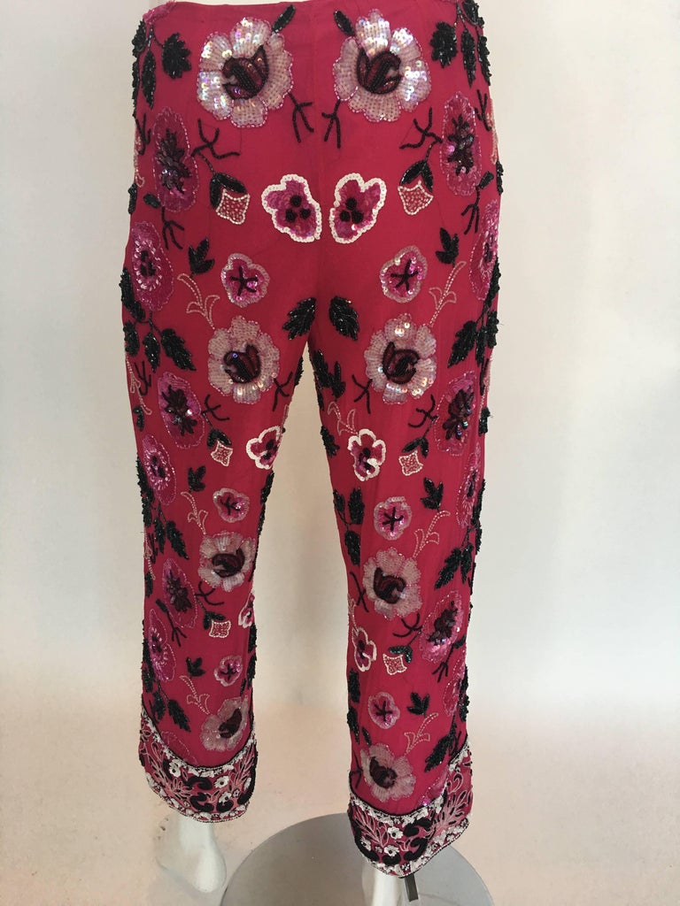 Cache 1980's Fuschia Floral Beaded Silk Cropped Lounge Pants