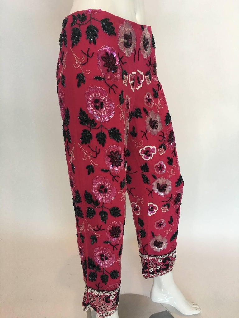 Cache 1980's Fuschia Floral Beaded Silk Cropped Lounge Pants