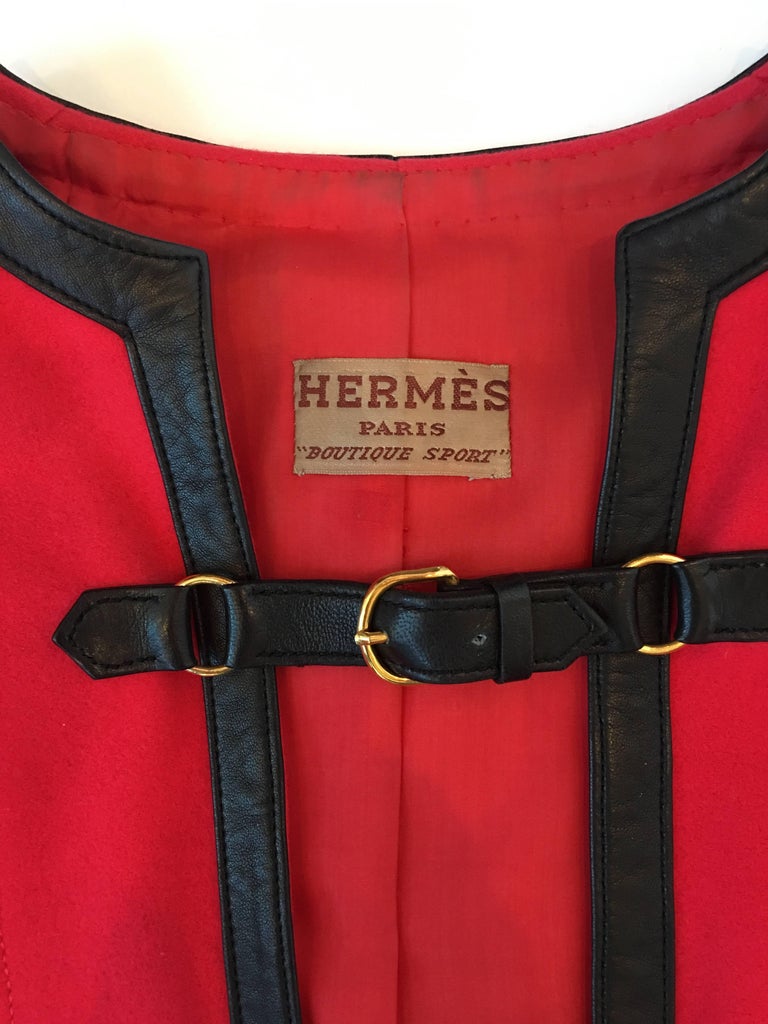 Hermès 1970's Crimson Red Tunic Top with Black Leather Strapping