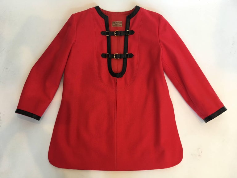 Hermès 1970's Crimson Red Tunic Top with Black Leather Strapping